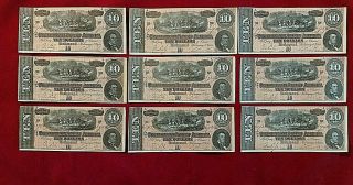 Nine 1864 Uncirculated T - 68 Confederate $10 Notes | Sequential Serial Numbers 3