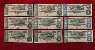 Nine 1864 Uncirculated T - 68 Confederate $10 Notes | Sequential Serial Numbers 4