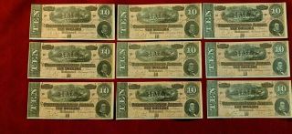 Nine 1864 Uncirculated T - 68 Confederate $10 Notes | Sequential Serial Numbers 5