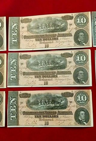 Nine 1864 Uncirculated T - 68 Confederate $10 Notes | Sequential Serial Numbers 6