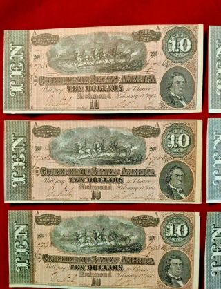 Nine 1864 Uncirculated T - 68 Confederate $10 Notes | Sequential Serial Numbers 7
