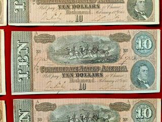 Nine 1864 Uncirculated T - 68 Confederate $10 Notes | Sequential Serial Numbers 8