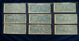 Nine 1864 Uncirculated T - 68 Confederate $10 Notes | Sequential Serial Numbers 9