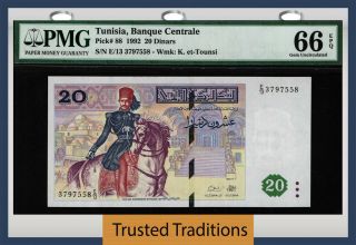 Tt Pk 88 1992 Tunisia Banque Centrale 20 Dinars " K.  Et - Tounsi " Pmg 66q Gem Unc