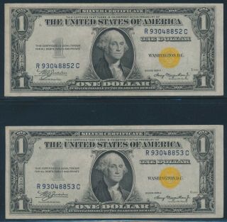 Fr2306 (2) Consecutive S $1.  00 1935a Yellow Seal Gem Unc S/c Notes Br2359