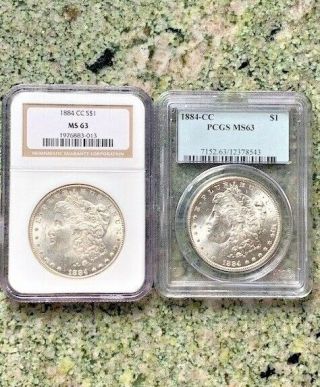 Pcgs & Ngc Silver Ms 63 1884 Cc Morgan Dollars 2 Coins