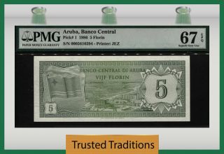 Tt Pk 1 1986 Aruba Banco Central 5 Florin Pmg 67 Epq The Country 