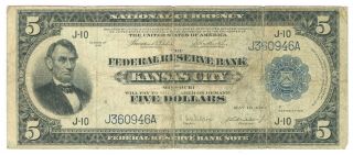 1918 $5 Federal Reserve Bank Of Kansas City,  Mo.  National Bank Note - Good Plus