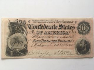 $500 Confederate States Of America Bank Note - Richmond - 1864