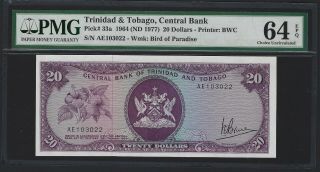 1977 Trinidad & Tobago $20 Dollars,  P - 34 Pmg 64 Epq Ch.  Unc,  Scarce Type In Unc