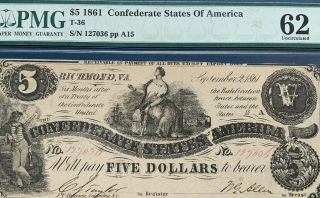1861 $5 (v) Five Dollars Confederate States Of America Currency 62 Unc Pmg