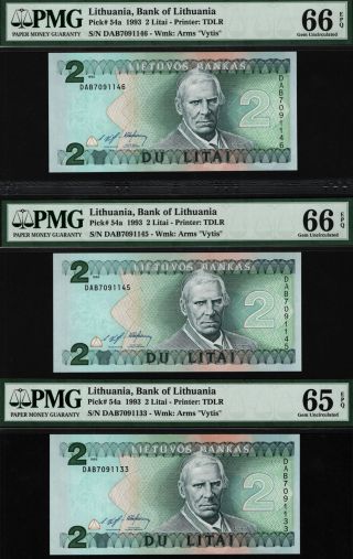 Tt Pk 54a 1993 Lithuania 2 Litai Pmg 66 Epq Gem Uncirculated Set Of Three Notes