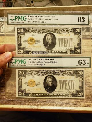 (2) Consecutive Serial Uncirculated $20 1928 Gold Certificate Pmg 63 Fr2402