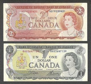 1974 $2.  00,  1973 $1.  00 = Multicolour Bank Of Canada Qeii One & Two Dollars
