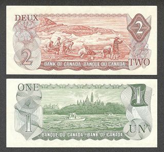 1974 $2.  00,  1973 $1.  00 = Multicolour Bank of Canada QEII One & Two Dollars 2