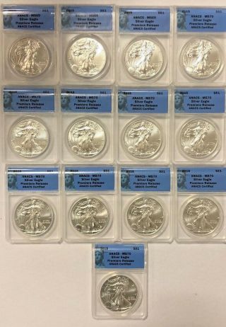 Anacs Silver Ms 70 & Ms 69 2015 Eagle Premiere Release 13 Coins