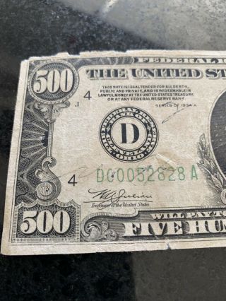 1934 Washington D.  C.  $500 Dollar Bill Federal Reserve Note Green Seal 2