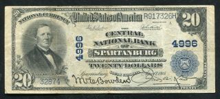 1902 $20 Central National Bank Of Spartanburg,  Sc National Currency Ch.  4996