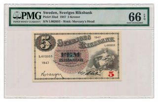 Sweden Banknote 5 Kronor 1947.  Pmg Ms - 66 Epq