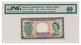 Malaya & British Borneo Banknote 1 Dollar 1953.  Pmg Xf - 40