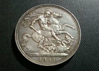 Great Britain - 1902 Sterling Silver 5 Shillings Crown - Old Cleaning - Vf - Xf