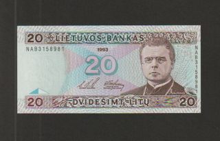 Lithuania 20 Litu Banknote,  1993,  Choice Uncirculated,  Cat 57 - A - 8981