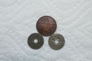 Morocco Coins,  3 Total,  10 Mazunas 1340,  25 Centimes 1921 And 1924,  Items
