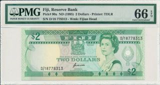 Reserve Bank Fiji $2 Nd (1995) S/no 77x3x3 Pmg 66epq