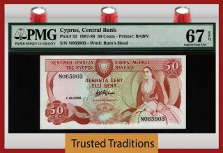 Tt Pk 52 1989 Cyprus Central Bank 50 Cents Pmg 67 Epq Gem Unc None Finer