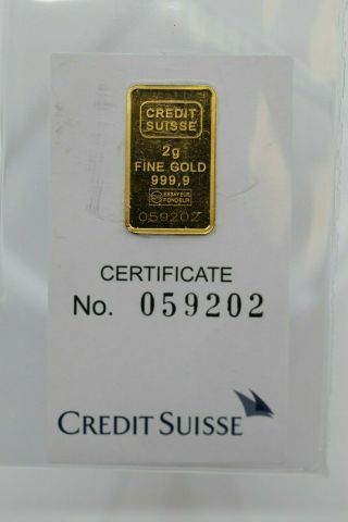 24k Gold Credit Suisse 2g - Gram Bar Liberty 059202 Valcambi Au.  999 1985