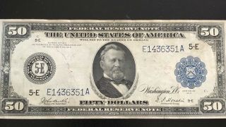 1914 Us $50 Fifty Dollar Federal Reserve Blue Seal Large Currency Note