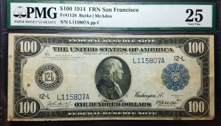 Fr 1128 1914 $100 Federal Reserve Note San Francisco Vf25