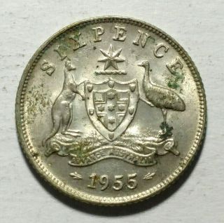 1955 Australia Sixpence (6 Pence) - 50 Silver Coin Of Elizabeth Ii