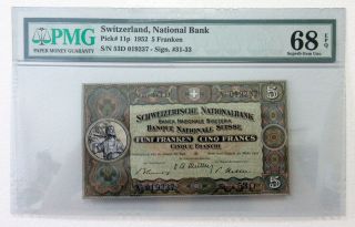 Switzerland Swiss National Bank 5 Franken 1952 P - 11p Pmg Gem Unc 68 Epq