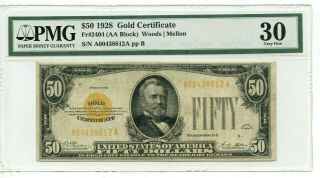 1928 $50 Gold Certificate Note (pmg Vf 30) Very Scarce Note Fr 2404