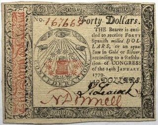 January 14,  1779 Continental Currency $40,  Fr.  Cc - 95,  Pmg 64 Epq