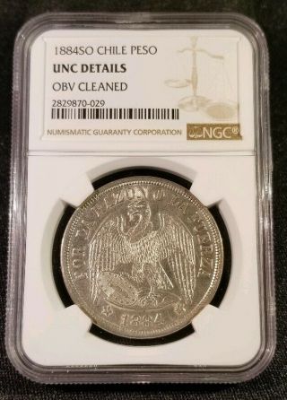 1884 So Chile Peso - Ngc Unc Details Obv Cleaned