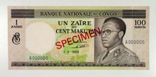Congo.  Banque Nationale Du Congo 100 Makuta/1 Zaire 1.  9.  1968 P - 12s2 Specimen Au