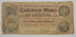 1864 $500.  00 Confederate States Of America Large Horseblanket Note T - 64 5914