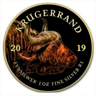 2019 1 Oz Silverthe African Big Five Voltaic Buffalo Krugerrand Coin,  24k Gold.