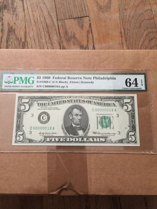1969 $5 Dollar Low Serial Number C 00000018 A Gem Pmg Epq 64 Very Fine