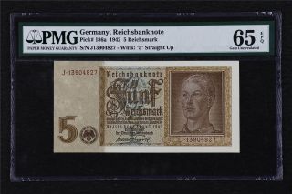 1942 Germany Reichsbanknote 5 Rentenbank Pick 186a Pmg 65 Gem Unc