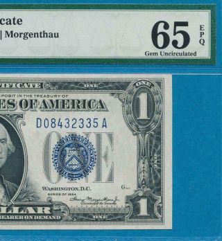 $1.  00 1934 Funny Back Blue Seal Silver Certificate Pmg Gem 65epq