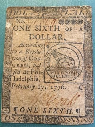 Feb 17 1776 $1/6 Dollar Us Continental Currency Note One Sixth Fugio Note