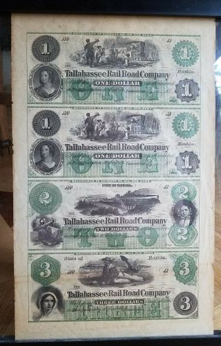 1800 ' s Uncut Remainder Sheet Tallahassee Rail Road Company Florida 1,  1,  2,  3 2