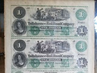 1800 ' s Uncut Remainder Sheet Tallahassee Rail Road Company Florida 1,  1,  2,  3 5