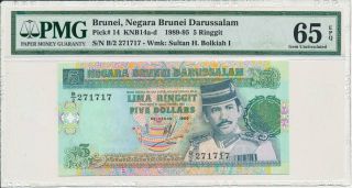 Negara Brunei Darussalam Brunei 5 Ringgit 1989 S/no X71717 Pmg 65epq