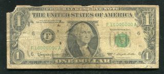 Fr.  1900 - F 1963 $1 One Dollar Frn Federal Reserve Note “fancy Serial 10,  000,  00