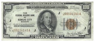 $100 1929 Federal Reserve Bank Note Kansas City Missouri Fr 1890 - J