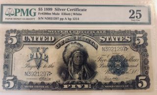 Fr.  281 $5 1899 Silver Certificate " Indian Chief " Pmg Very Fine 25